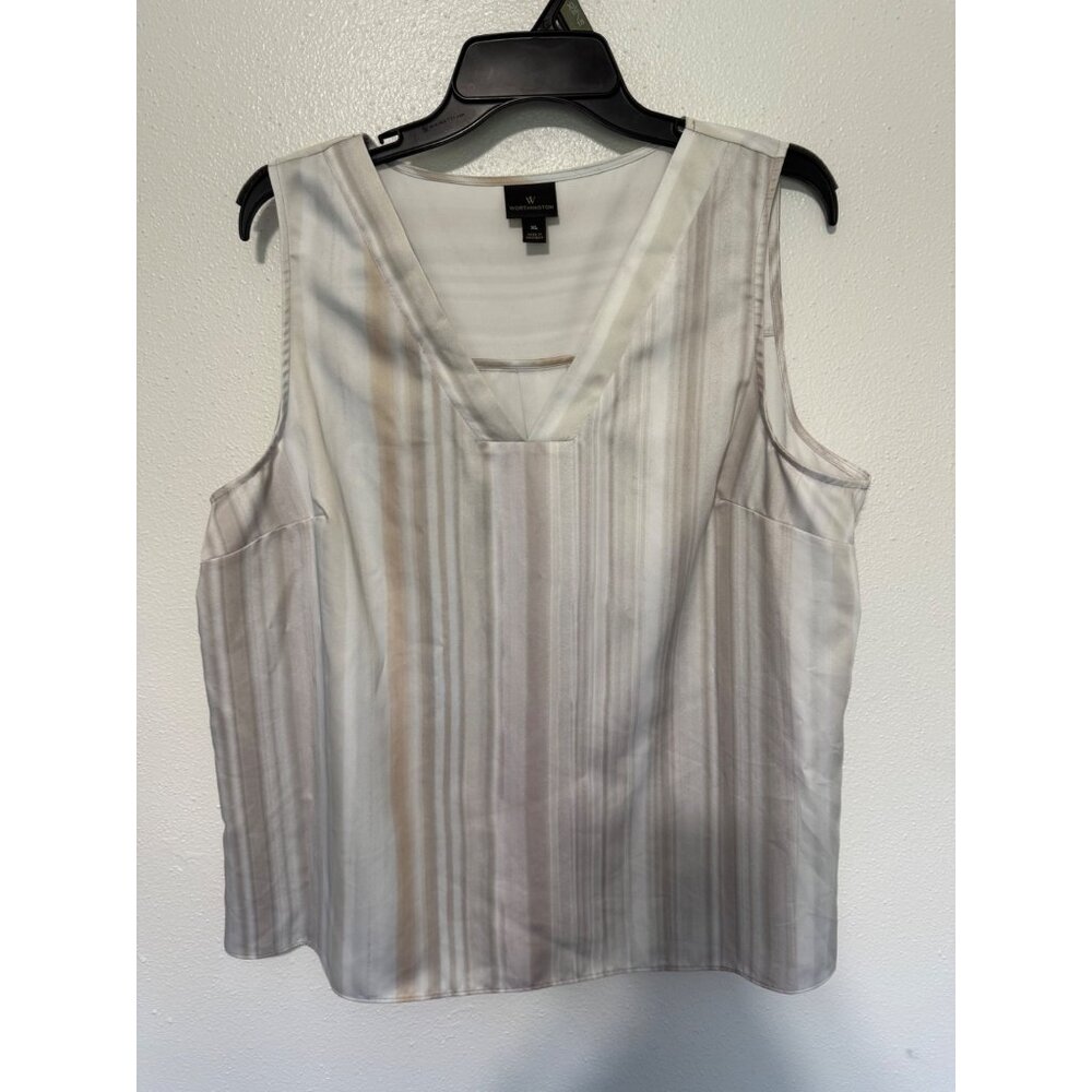Worthington Tank Blouse White Tan Gray Stripe Satin V Neck Womans XL